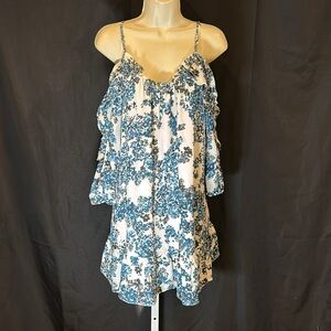 Parker Blue and White Floral Print Off Shoulder Sleeve Dress S